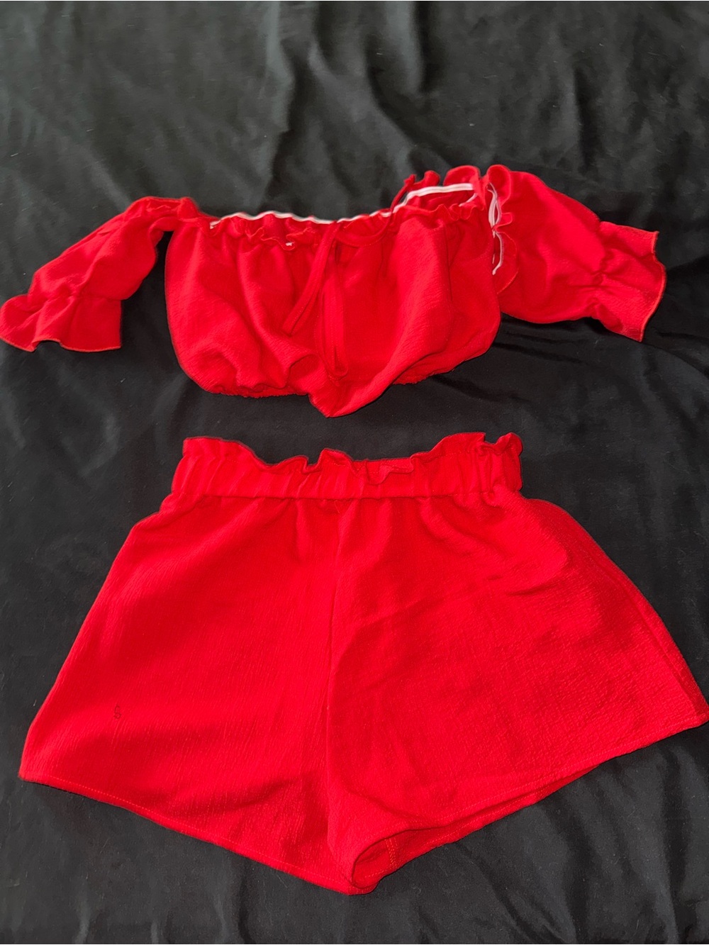 Red Two-Piece Off-Shoulder Crop Top + High-Waist Shorts Set